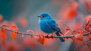 蓝鸟栖于红叶枝头