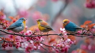 枝头三鸟赏烂漫繁花