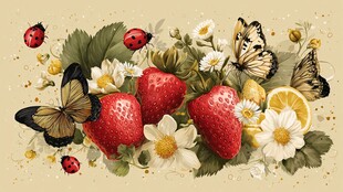 草莓花卉间的蝶与瓢虫