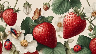 草莓花卉间的昆虫微观世界