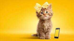 戴蝴蝶结小猫与手机