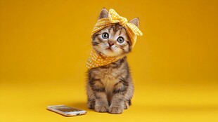 戴头巾萌猫与手机同框