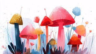 梦幻彩色蘑菇插画世界