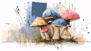 水彩绘多彩蘑菇景观