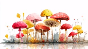 梦幻水彩蘑菇群绘景