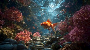水下金鱼畅游绚丽珊瑚间