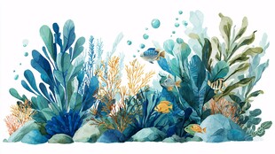 海底植物与游鱼水彩插画