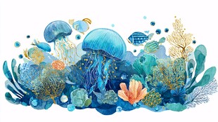 梦幻海底世界水彩插画