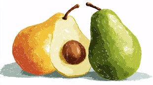 两个梨子与切开的牛油果