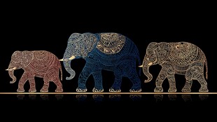 三头华丽装饰大象艺术图