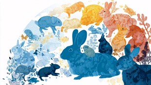 彩色兔子群的梦幻水彩画