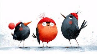 三只戴帽萌鸟的冬日小聚