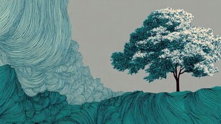 梦幻蓝绿山丘中的独立树木