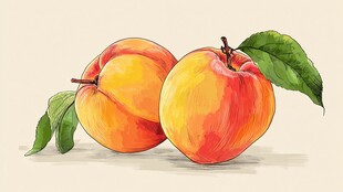 水彩画中的两个鲜桃