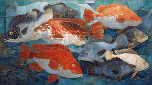 多彩锦鲤群游艺术画作