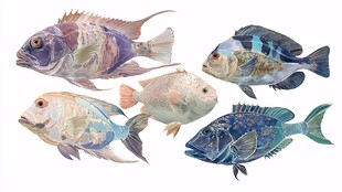多彩水彩绘海洋鱼类集合