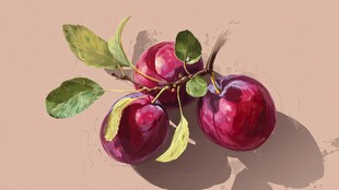 水彩画中的紫李与绿叶