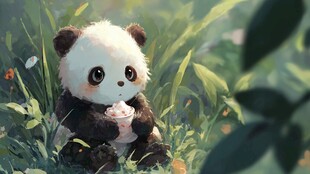 可爱熊猫草地惬意享美食