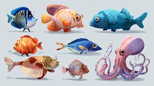 多彩海洋鱼类卡通形象集合