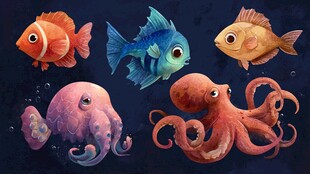 海洋萌趣鱼类与章鱼集合