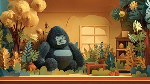 室内大猩猩与绿植温馨场景