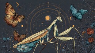 夜中螳螂与蝶的梦幻图景