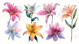 水彩绘多彩百合花集合