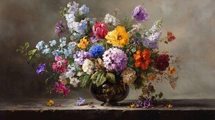 古典花瓶中的多彩花卉