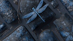 蓝调蜻蜓栖于复古器物上