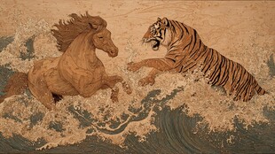 马虎相斗于汹涌波涛间