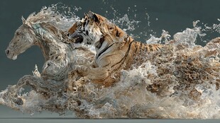 虎马奔腾于汹涌水花间