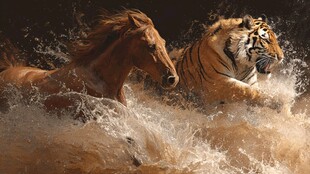 马虎奔腾于汹涌水花间