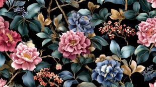 繁花锦叶黑色背景花卉图