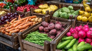 缤纷蔬菜陈列于木筐之中