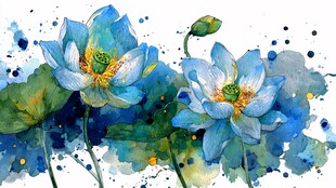 水彩绘蓝莲 清新艺术风