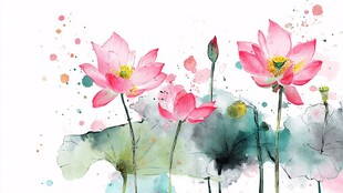 水墨风绽放的娇艳荷花