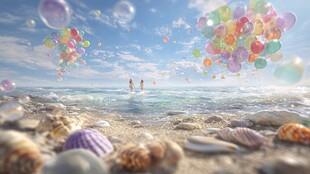 海边气球下的浪漫漫步