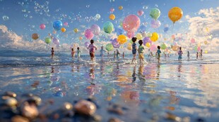 海边放飞气球的欢乐场景