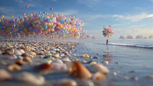 梦幻海滩上的彩色气球之旅