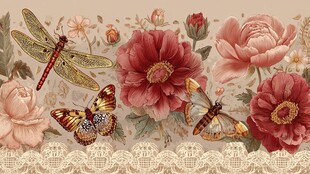花卉蜻蜓蝴蝶复古装饰画
