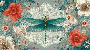 蓝蜻蜓于繁花蕾丝间飞舞