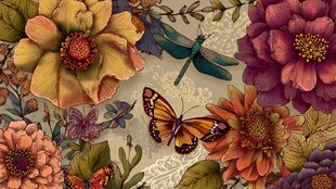 花卉间的蝴蝶与蜻蜓图案