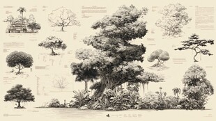 手绘多样树木景观图