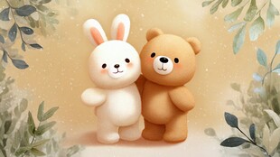 可爱小熊与小兔温馨相伴