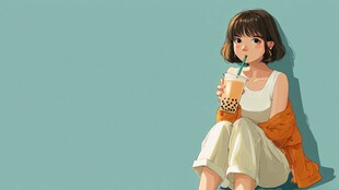 少女惬意喝珍珠奶茶