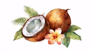 水彩绘椰子与娇艳花朵