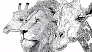 狮与长颈鹿的线条艺术画