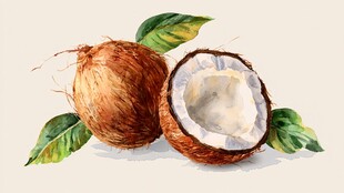 水彩画中的新鲜椰子及果肉