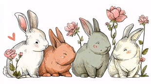 四只萌兔与鲜花同框