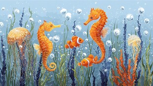 海底世界的海马与小鱼